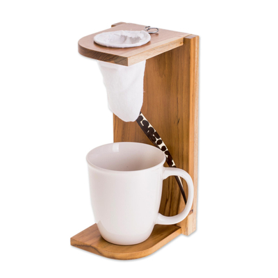 Teak wood single-serve drip coffee stand, 'Fresh Beans' - Teak Wood and Resin Single-Serve Drip Coffee Stand