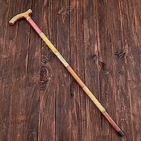 Wood cane, 'Jaunty Stride' - Curved T-Shape Handle Colorful Multi-Wood Cane