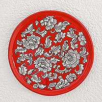 Ceramic decorative plate, 'Garden of Old' - Floral Motif Ceramic Decorative Plate in Red from Guatemala