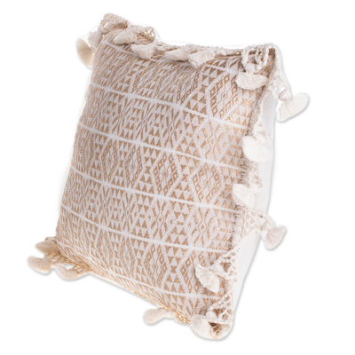 Cotton cushion cover, 'Traditional Motifs in Eggshell' - Handwoven Geometric Cotton Cushion Cover in Eggshell
