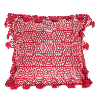 Cotton cushion cover, 'Traditional Motifs in Chili' - Handwoven Geometric Cotton Cushion Cover in Chili
