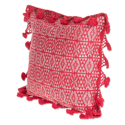 Cotton cushion cover, 'Traditional Motifs in Chili' - Handwoven Geometric Cotton Cushion Cover in Chili