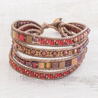 Glass beaded wristband bracelet, 'Sweet Fire' - Red and Brown Glass Beaded Wristband Bracelet from Guatemala