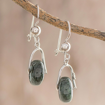Jade dangle earrings, 'Wheel of Fortune' - Circular Dark Green Jade Dangle Earrings from Guatemala