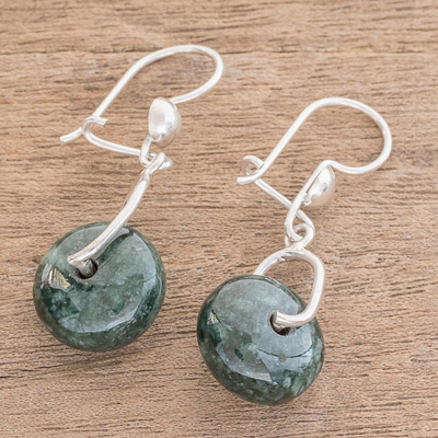 Jade dangle earrings, 'Wheel of Fortune' - Circular Dark Green Jade Dangle Earrings from Guatemala