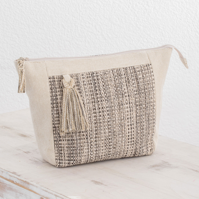 Cotton travel bag, 'Natural Virtue' - Handwoven Cotton Travel Bag in Ivory and Black