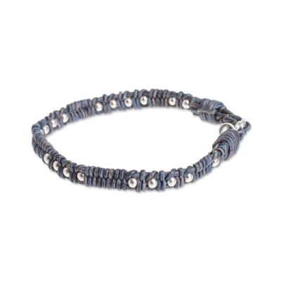 Fine silver and leather beaded wristband bracelet, 'Brilliant Orbs' - Silver and Leather Beaded Wristband Bracelet in Blue
