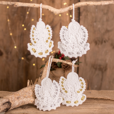 Hand-crocheted ornaments, 'Light and Peace' (set of 4) - Hand-Crocheted Angel Ornaments in White (Set of 4)