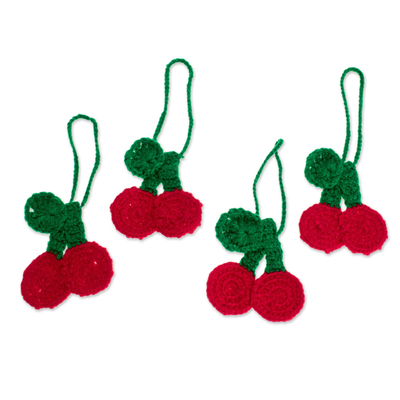 Hand-crocheted ornaments, 'Sweet Cherries' (set of 4) - Hand-Crocheted Cherry Ornaments from Guatemala (Set of 4)