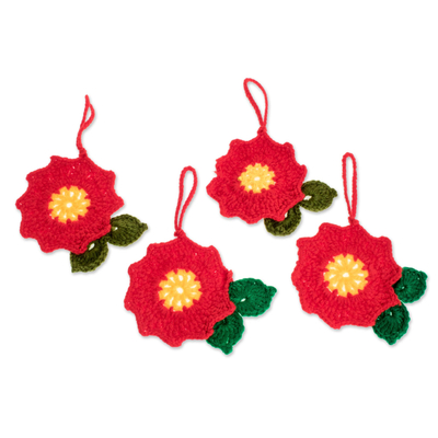 Adornos tejidos a mano, 'Flores de Navidad' (juego de 4) - Adornos florales tejidos a mano de Guatemala (Juego de 4)