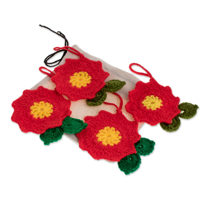 Adornos tejidos a mano, 'Flores de Navidad' (juego de 4) - Adornos florales tejidos a mano de Guatemala (Juego de 4)