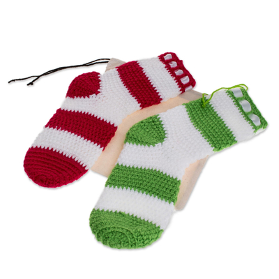 Hand-crocheted ornaments, 'Waiting for Presents' (pair) - Hand-Crocheted Stocking Ornaments from Guatemala (Pair)