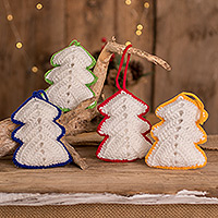 Hand-crocheted ornaments, 'White Rainbow Christmas Trees' (set of 4)