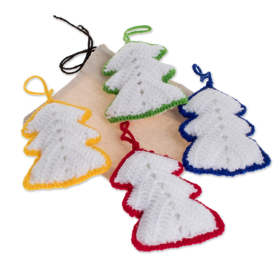 Hand-crocheted ornaments, 'White Rainbow Christmas Trees' (set of 4) - Hand-Crocheted Christmas Tree Ornaments (Set of 4)