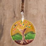 Glass pendant necklace, 'Tree of Life at Sunrise' - Tree-Themed Glass Pendant Necklace in Yellow from Costa Rica
