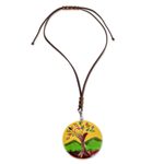 Glass pendant necklace, 'Tree of Life at Sunrise' - Tree-Themed Glass Pendant Necklace in Yellow from Costa Rica