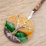 Glass pendant necklace, 'Tree of Life at Sunrise' - Tree-Themed Glass Pendant Necklace in Yellow from Costa Rica