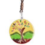 Glass pendant necklace, 'Tree of Life at Sunrise' - Tree-Themed Glass Pendant Necklace in Yellow from Costa Rica