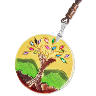 Glass pendant necklace, 'Tree of Life at Sunrise' - Tree-Themed Glass Pendant Necklace in Yellow from Costa Rica