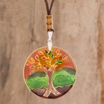 Glass pendant necklace, 'Tree of Life at Sunset' - Tree-Themed Glass Pendant Necklace in Orange from Costa Rica