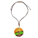 Glass pendant necklace, 'Tree of Life at Sunset' - Tree-Themed Glass Pendant Necklace in Orange from Costa Rica