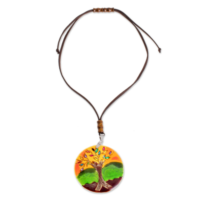 Glass pendant necklace, 'Tree of Life at Sunset' - Tree-Themed Glass Pendant Necklace in Orange from Costa Rica