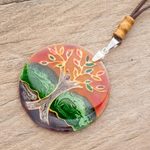 Glass pendant necklace, 'Tree of Life at Sunset' - Tree-Themed Glass Pendant Necklace in Orange from Costa Rica