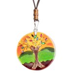 Glass pendant necklace, 'Tree of Life at Sunset' - Tree-Themed Glass Pendant Necklace in Orange from Costa Rica