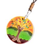 Glass pendant necklace, 'Tree of Life at Sunset' - Tree-Themed Glass Pendant Necklace in Orange from Costa Rica