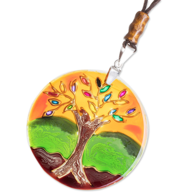 Glass pendant necklace, 'Tree of Life at Sunset' - Tree-Themed Glass Pendant Necklace in Orange from Costa Rica