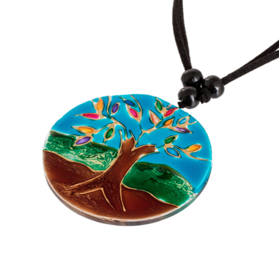 Glass pendant necklace, 'Tree of Life at Night' - Tree-Themed Glass Pendant Necklace in Blue from Costa Rica