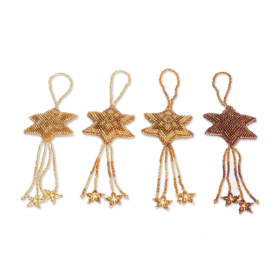 Glass beaded ornaments, 'Fleeting Stars' (set of 4) - Glass Beaded Ornaments in Gold and Brown (Set of 4)
