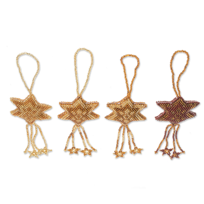 Glass beaded ornaments, 'Fleeting Stars' (set of 4) - Glass Beaded Ornaments in Gold and Brown (Set of 4)