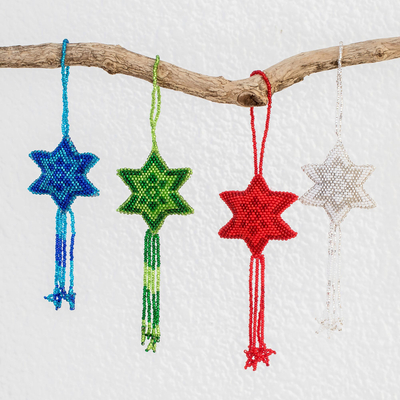 Glass beaded ornaments, Colorful Fleeting Stars (set of 4)