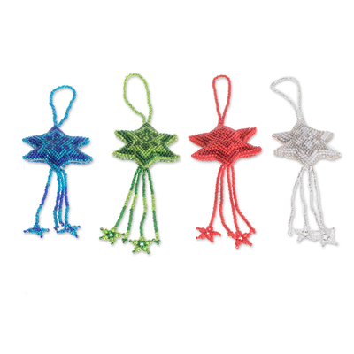 Glass beaded ornaments, 'Colorful Fleeting Stars' (set of 4) - Glass Beaded Star Ornaments in Assorted Colors (Set of 4)