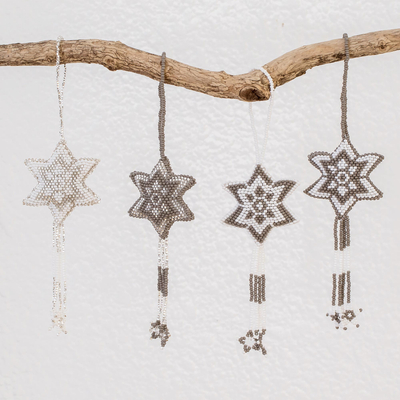 Glass beaded ornaments, Grey Fleeting Stars (set of 4)