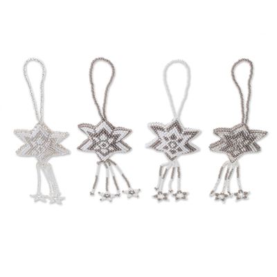 Glass beaded ornaments, 'Grey Fleeting Stars' (set of 4) - Glass Beaded Star Ornaments from Guatemala (Set of 4)