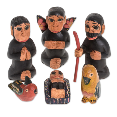 Wood nativity scene, 'Monkey Nativity' (9 piece) - Handcrafted Wood Monkey Nativity Scene (9 Piece)