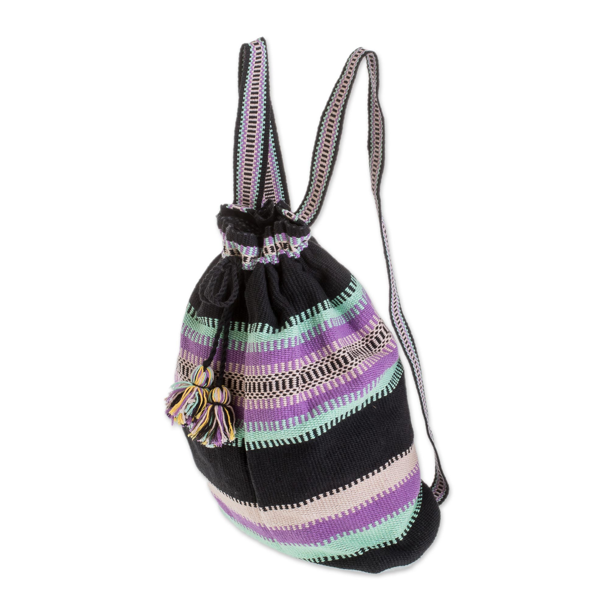 Cinch Closure Multi-Color Striped Handwoven Cotton Backpack - Peaceful ...