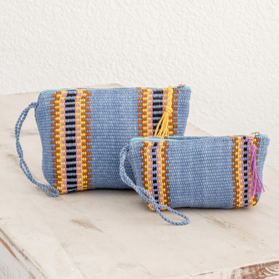 Cotton cosmetic bags, 'Surf and Sun' (pair) - Blue Colorful Stripe Handwoven Cotton Cosmetics Cases (Pair)