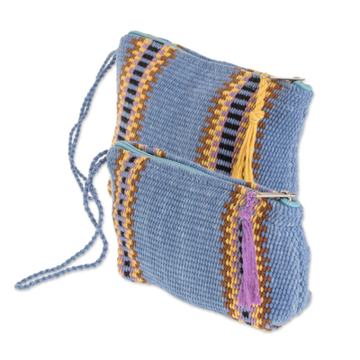 Cotton cosmetic bags, 'Surf and Sun' (pair) - Blue Colorful Stripe Handwoven Cotton Cosmetics Cases (Pair)