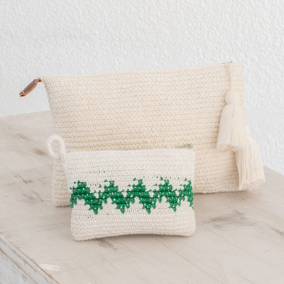 Cotton handbags, 'Zigzag Emerald' (pair) - Hand-Crocheted Cotton Handbags with Emerald Zigzags (Pair)