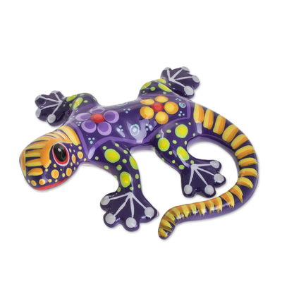 Ceramic figurine, 'Gecko of the Garden in Purple' - Hand Painted Purple and Yellow Floral Motif Ceramic Gecko