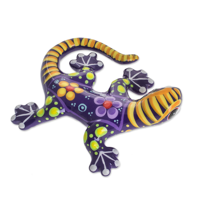 estatuilla de cerámica - Gecko de cerámica con motivos florales morados y amarillos pintados a mano
