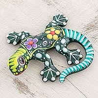 Ceramic figurine, 'Gecko of the Garden in Green' - Hand Painted Green Multi-Color Floral Motif Ceramic Gecko