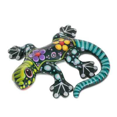 Hand Painted Green Multi-Color Floral Motif Ceramic Gecko