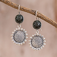 Jade dangle earrings, 'Sunflower Nature' - Jade Sunflower Dangle Earrings from Guatemala