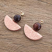 Copper and wood dangle earrings, 'Playful Textures in Copper' - Handcrafted Hammered Copper and Wood Bead Dangle Earrings