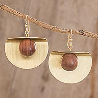 Brass and wood dangle earrings, 'Winking Moon in Brass' - Brass and Wood Bead Dangle Earrings with 18K Gold Hooks