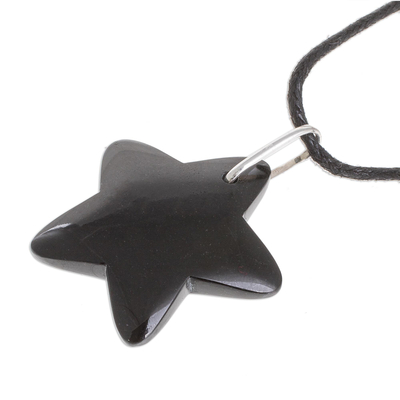 Jade pendant necklace, 'Dark Night Star' - Handcrafted Black Jade Star on Cotton Cord Pendant Necklace